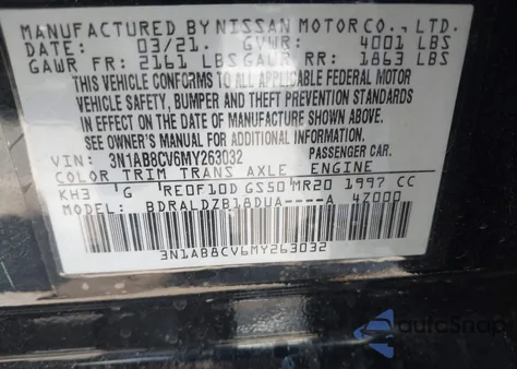 2021 Nissan Sentra Sv Xtronic Cvt из США, поврежденный, VIN 3N1AB8CV6MY263032